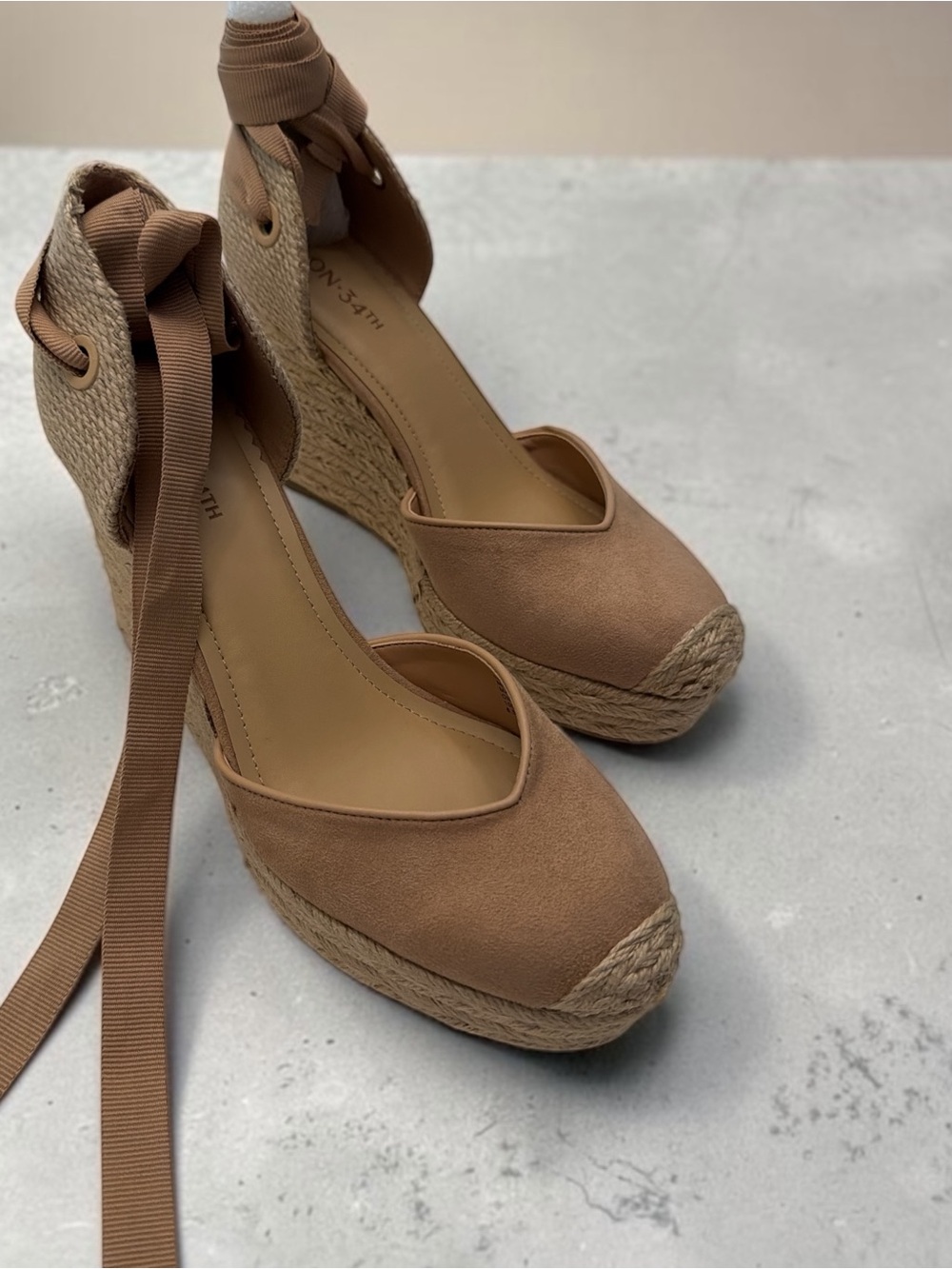 Wedge Espadrille Ankle-Tie Sandals in Tan